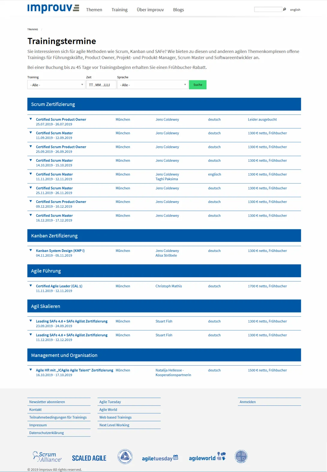 Screenshot Trainingstermine der fertigen Website von improuv unter Drupal 8.